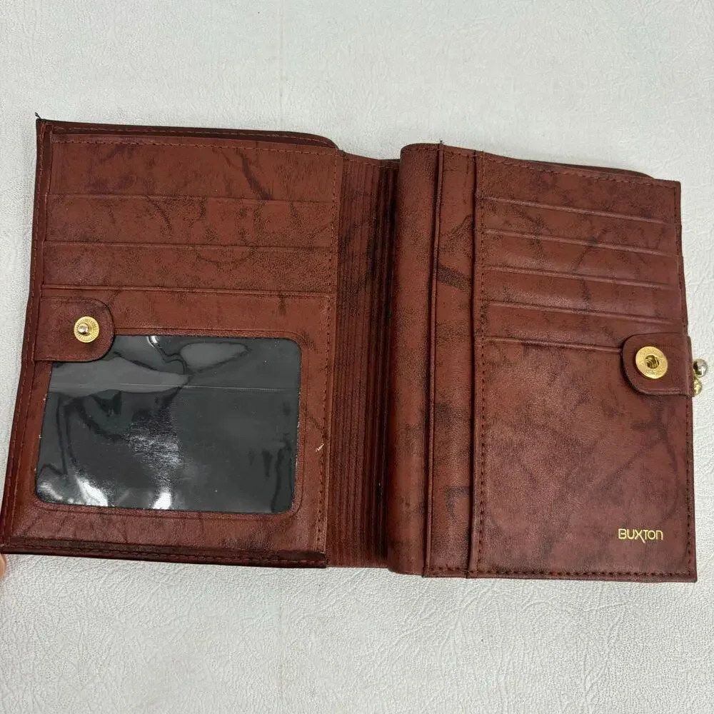 Buxton Leather Wallet Brown Top Grain Cowhide ID Credit‎ Card Kiss Lock Coin